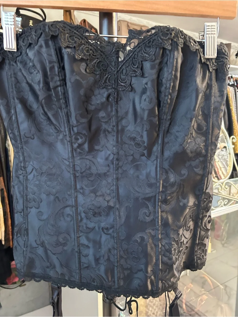 Frederick's of Hollywood black corset  floral lace trim